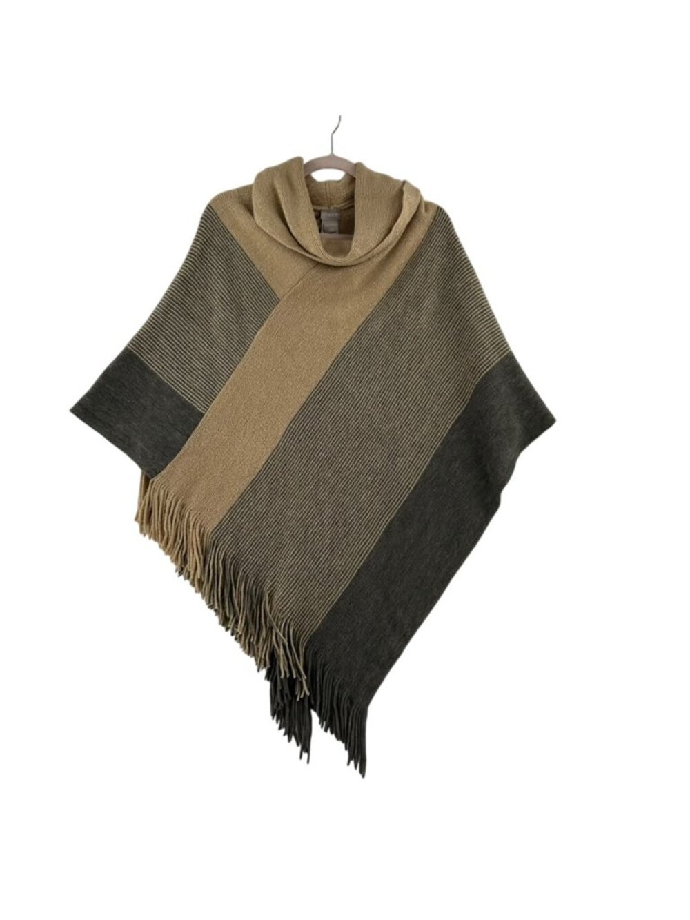 Chico’s Poncho Women's One Size Camel Shine Cowl Neck Knit Fringe Hem NWT